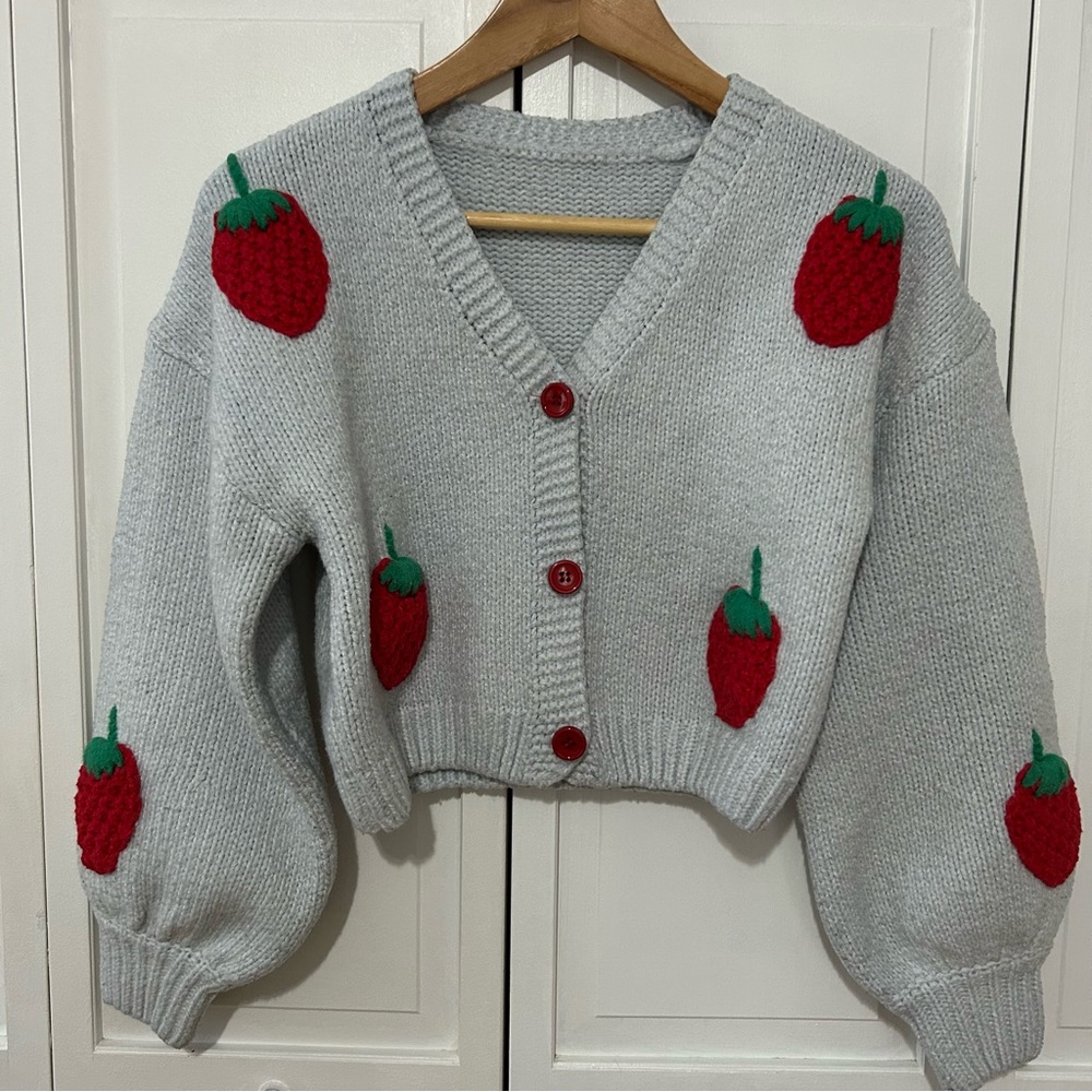Light blue cropped knit cardigan with red strawberry S